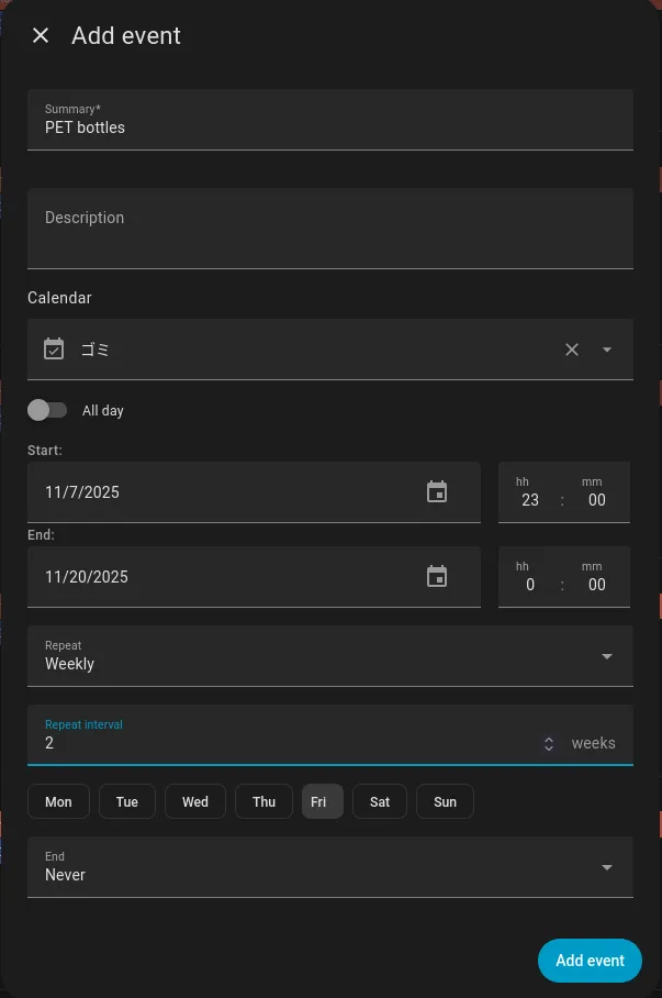 Home Assistant Local Calendar event creation screen for PET bottles